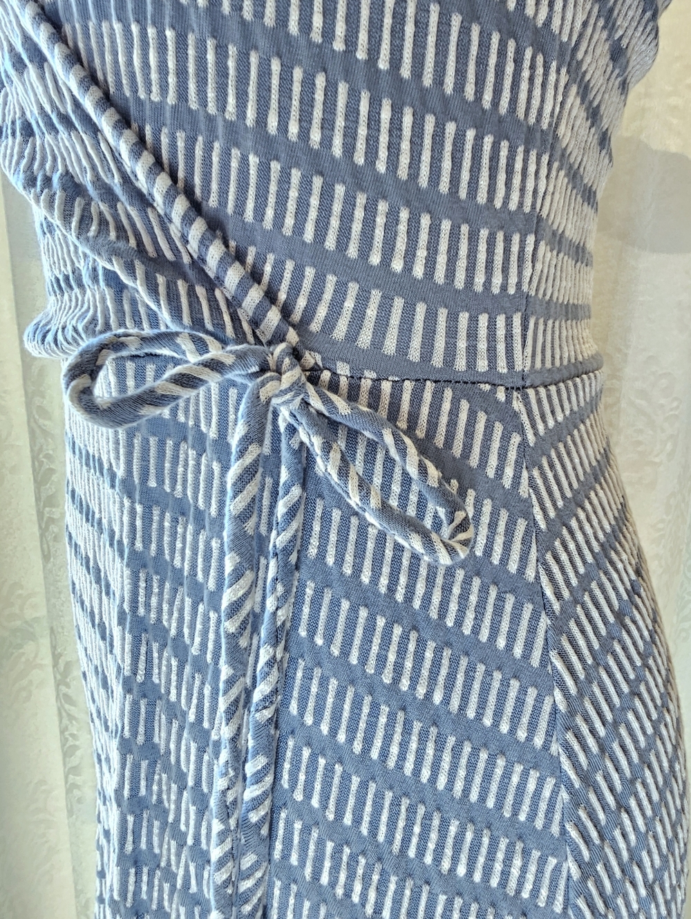 Caution To The Wind Slate Blue Striped Mock Wrap Dress Size M Casual Coastal - Picture 5 of 6